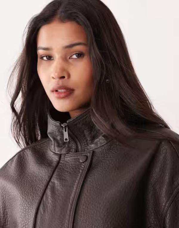 マンゴ レディース アウター ジャケット・ブルゾン スタンドネック キャップ レザー Mango Capsule 100 leather funnel neck jacket in chocolate マンゴ レディース アウター ジャケット・ブルゾン スタンドネック キャップ レザー Mango Capsule 100 leather funnel neck jacket in chocolate