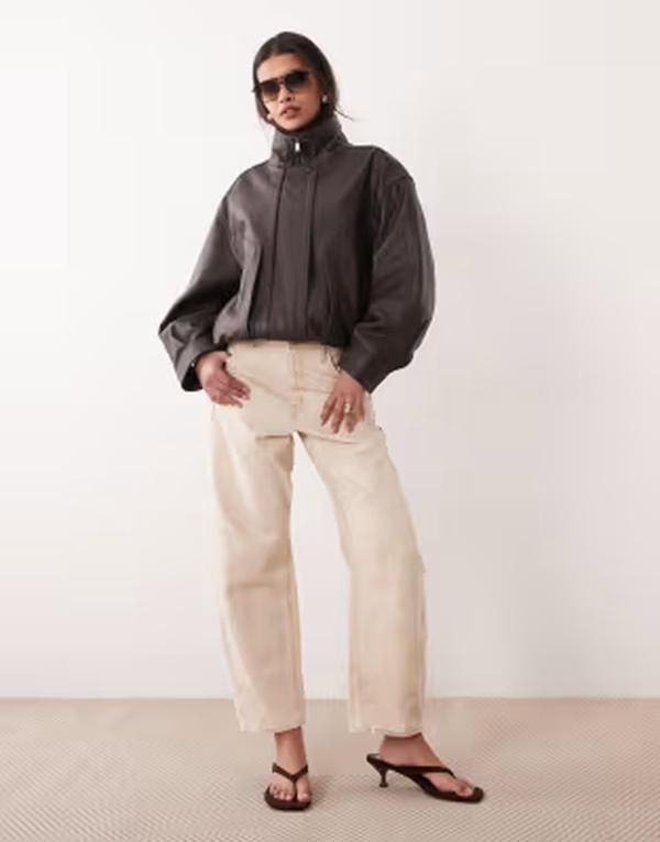 マンゴ レディース アウター ジャケット・ブルゾン スタンドネック キャップ レザー Mango Capsule 100 leather funnel neck jacket in chocolate マンゴ レディース アウター ジャケット・ブルゾン スタンドネック キャップ レザー Mango Capsule 100 leather funnel neck jacket in chocolate