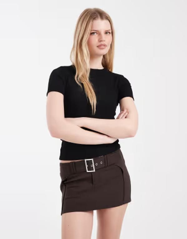 コットンオン レディース ボトムスカート ミニ Cotton stretch belted micro mini skirt in dark oak DARK OAK