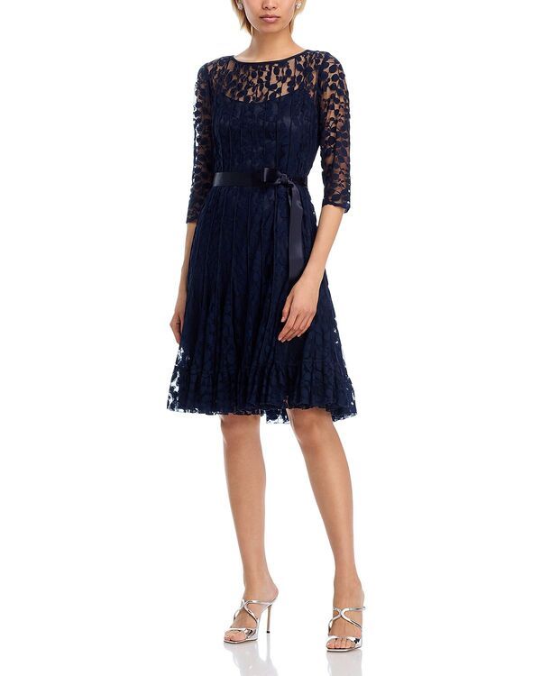 テリジョンバイリッキーフリーマン レディース トップス ワンピース レース Teri Jon by Rickie Freeman Leaf Lace Pintuck Dress Navy ネイビー