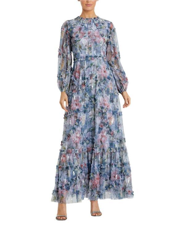 マックダガル レディース トップス ワンピース ハイネック フリル スパンコール Mac Duggalong Sleeve High Neck Sequin Detail Ruffle Gown Pl