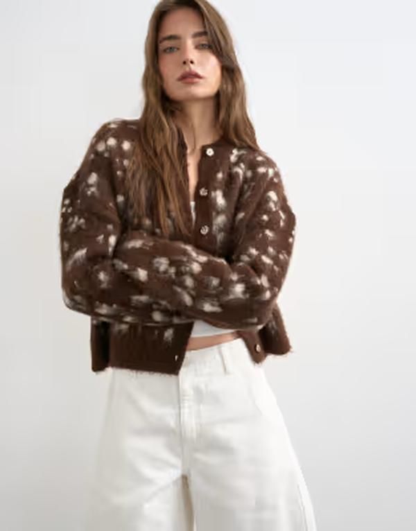トップショップ レディース アウター カーディガン ニット Topshop brushed knit animal cardigan BROWN ブラウン