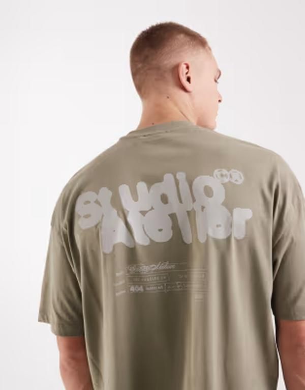 エイソス メンズ トップス Tシャツ グラフィック ASOS DESIGN boxy oversized Tshirt with bubble text graphic Vetiver グリーン