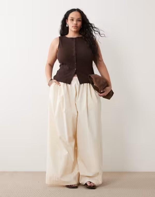 エイソス レディース ボトムス カジュアルパンツ ワイドレッグ ASOS Curve ASOS DESIGN Curve super wide leg pants in cream クリーム