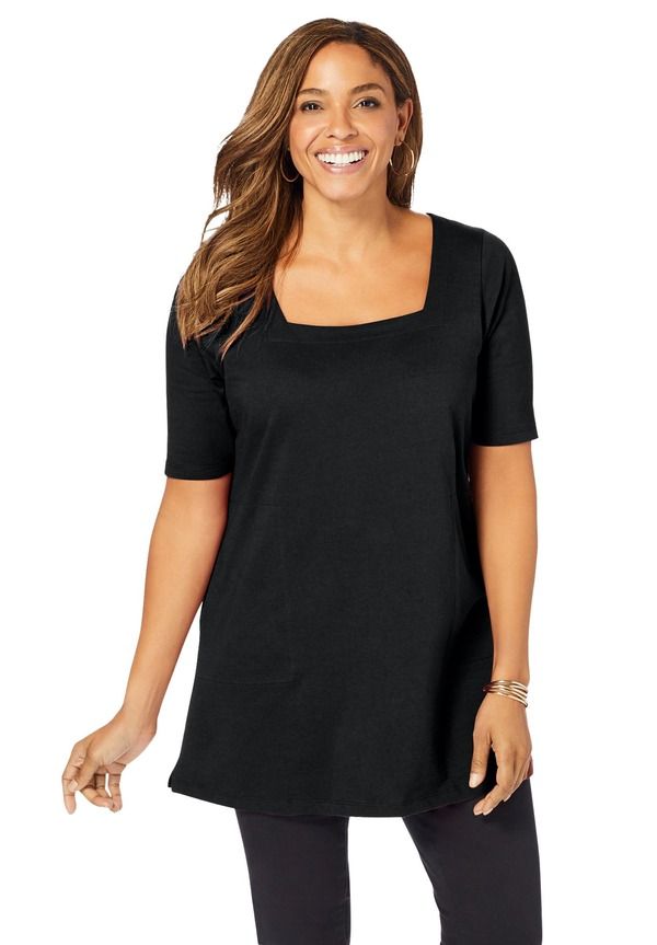 ジェシカロンドン レディース トップス シャツ コットン Jessica London Stretch Cotton Square Neck Tunic Black ブラック