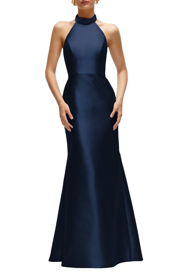 アルフレッド レディース トップス ワンピース サテン ホルター Alfred Sung Halter Satin Trumpet Gown Midnight