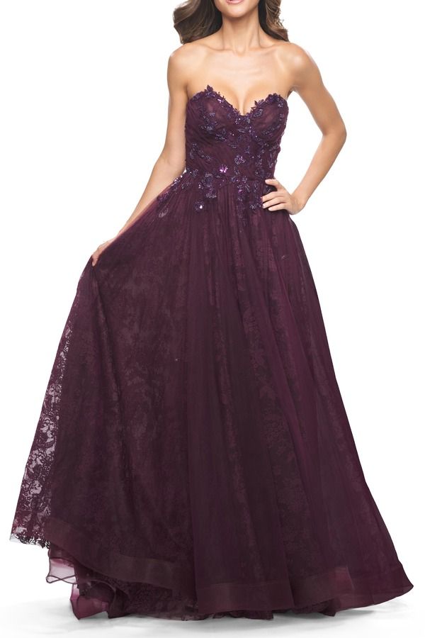 ラフェム レディース トップス ワンピース A ライン レース La Femme ALine Gown with Lace Lining and Beaded Embellishments Dark