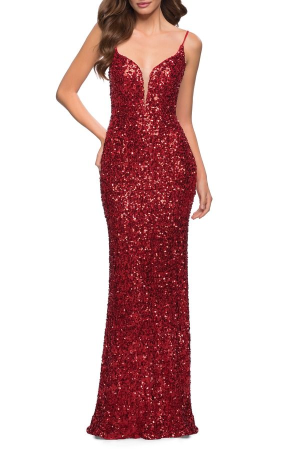 ラフェム レディース トップス ワンピース オープンバック Vネック スパンコール La Femme Gorgeousequin Dress with V Neck and Open Back Red