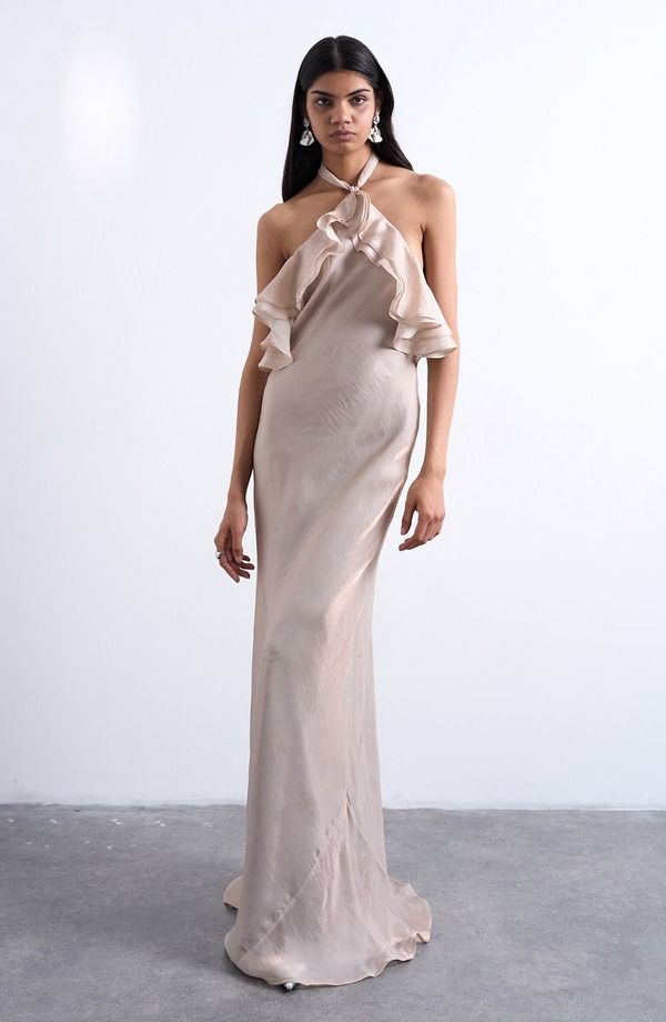 トップショップ レディース トップス ワンピース フリル サテン マキシ ホルター Topshop Ruffle Satin Halter Maxi Dress Iridescent Mink ミンク