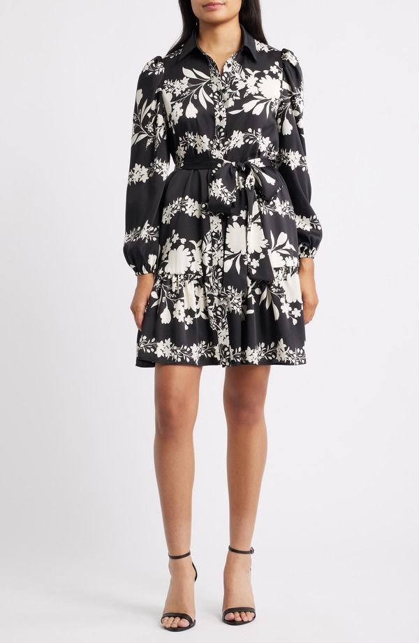 アンクライン レディース トップス ワンピース ティアード フラワー柄 シャツ フラワー Anne Klein Floralong Sleeve Tiered Shirtdress Anne Blac