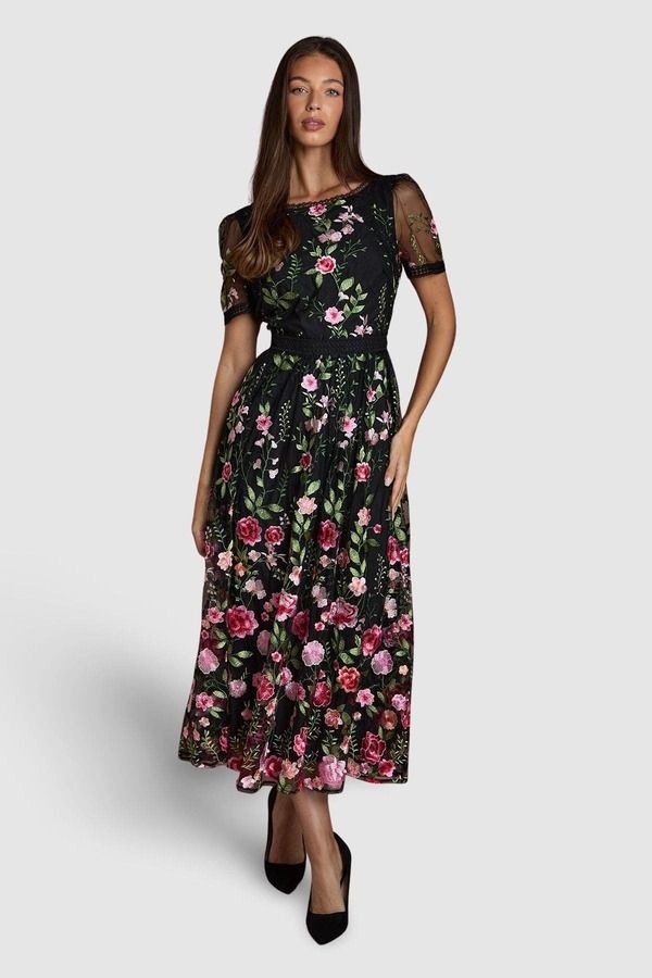 コースト レディース トップス ワンピース レーストリム メッシュ ミディ 刺繍 レース Coast Lace Trim Embroidered Mesh Midi Dress Black ブラック