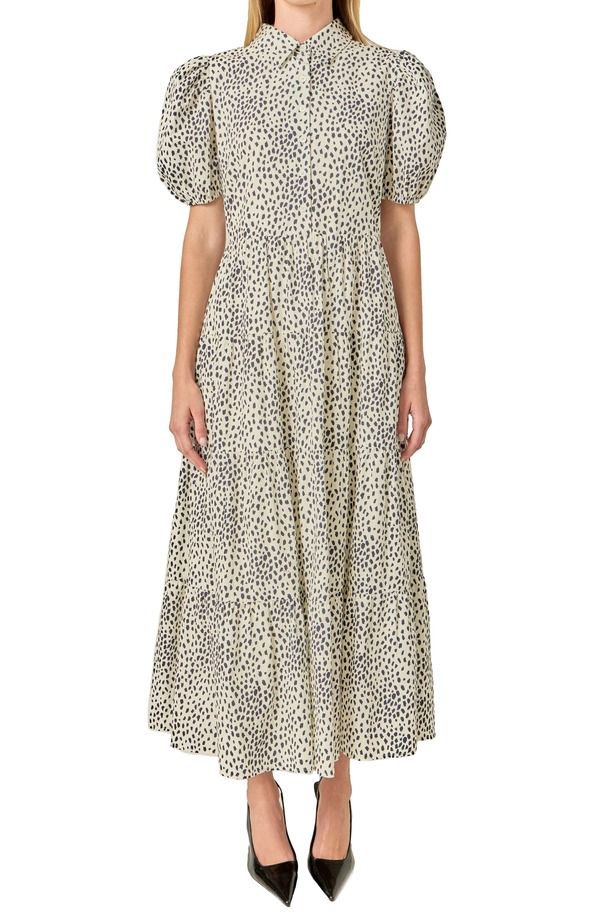 イングリッシュファクトリー レディース トップス ワンピース プリント マキシ English Factory Print Puff Sleeve Maxi Dress Beige Black ブラッ