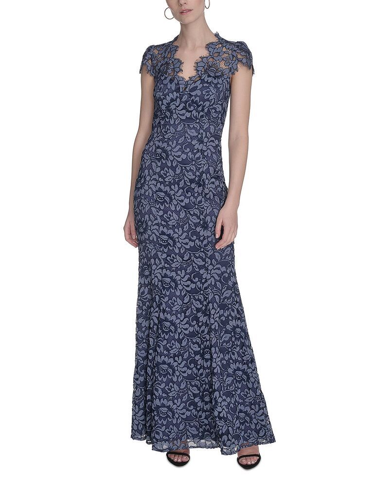 エリザジェイ レディース トップス ワンピース レース Eliza J ScallopedEdge Lace Gown Exclusive Denim デニム
