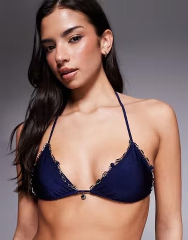 エイソス レディース 水着 トップのみ ASOS DESIGN Goldie chain detailing triangle bikini top Navy ネイビー