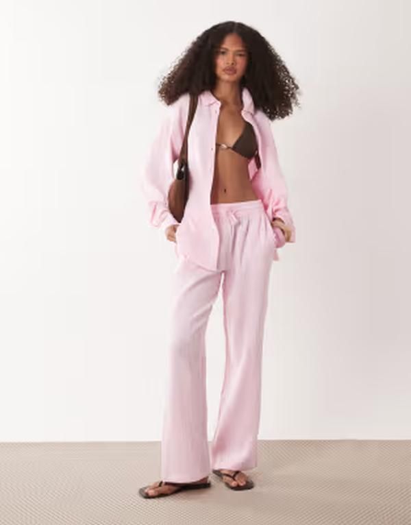 ジェイディーワイ レディース ボトムス カジュアルパンツ ワイドレッグ JDY wide leg cheesecloth pants in light pink part of a set Fairy