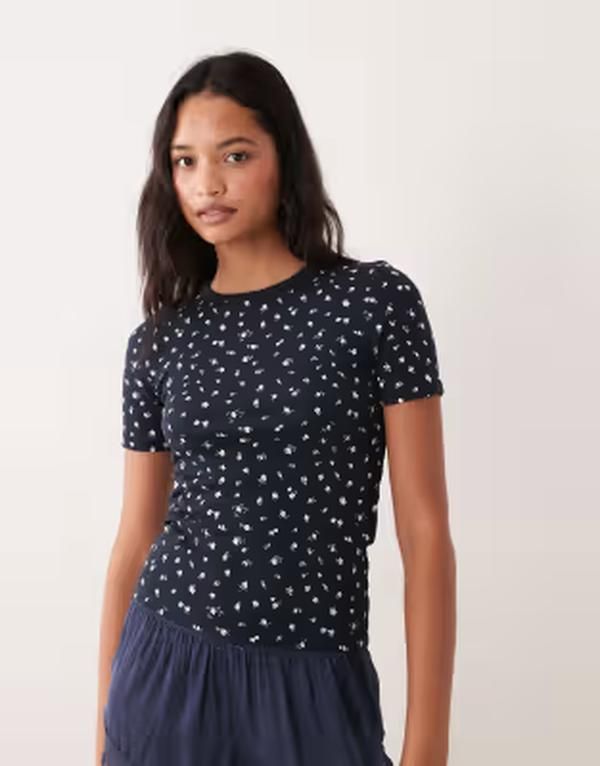 ジェイディーワイ レディース トップス Tシャツ プリント リブ JDY flower print ribbed tshirt Sky captain ブルー