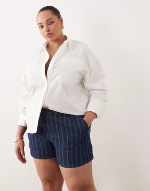 エイソス レディース ボトムス ハーフパンツ・ショーツ ショートパンツ デニム ASOS Curve ASOS DESIGN Curve denim pull on shorts in stripes