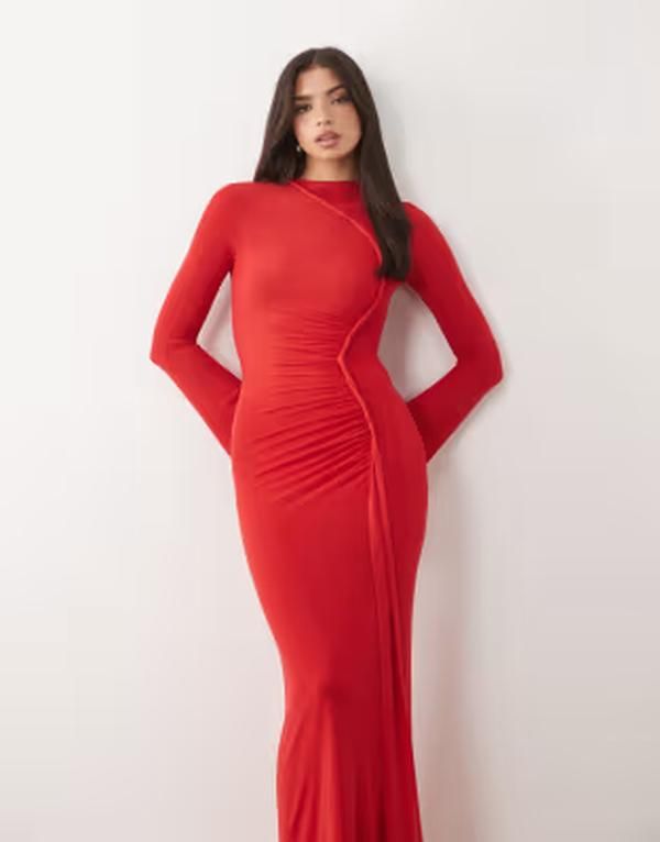 エイソス レディース トップス ワンピース メッシュ マキシ ASOS DESIGN mesh long sleeve maxi dress with twist detail Red レッド