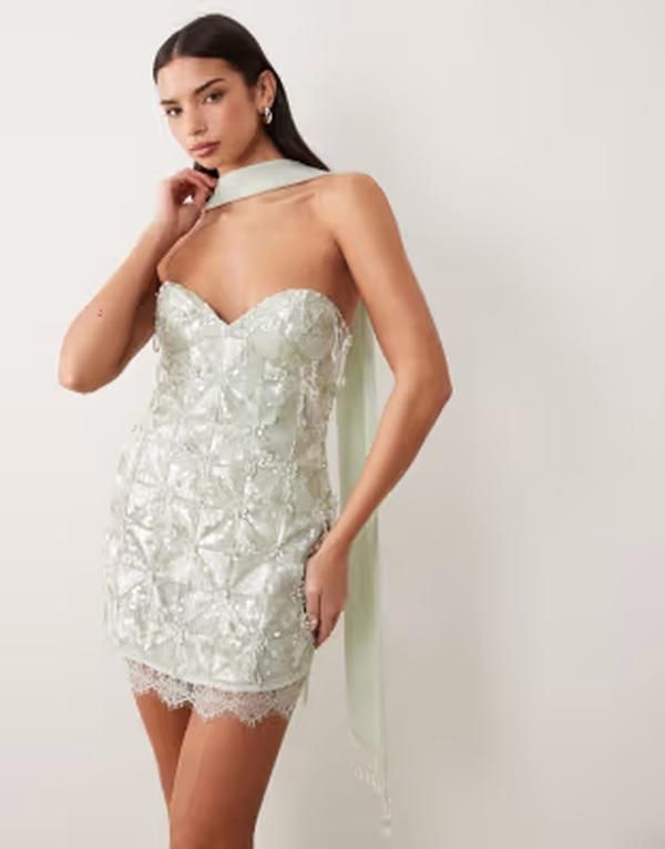 エイソス レディース トップス ワンピース ミニ ASOS DESIGN embellished molded cups mini dress with scarf detail in soft gr