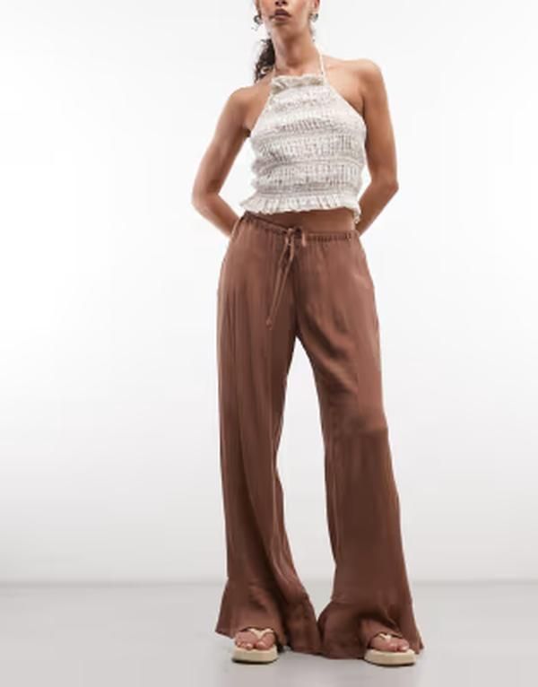 モンキ レディース ボトムス カジュアルパンツ ワイドレッグ Monki crinkle wide leg pants Dusty midbrown ブラウン