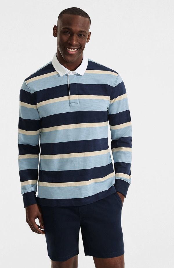 ランズエンド メンズ トップス ポロシャツ Lands End Long Sleeve Textured Rugby Polo Radiant NavyMarble Stripe ネイビー