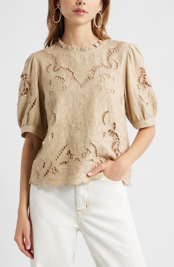 トレジャーアンドボンズ レディース トップス シャツ 刺繍 リネン Treasure Bond Embroidered Cutwork Puff Sleeve Linen Blend Top Beig