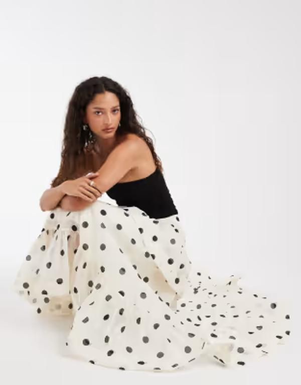 ヴェロモーダ レディース ボトムスカート ドット柄 ドット プリント フリル マキシ Vero Moda exaggerated ruffle detail maxi skirt in cream a