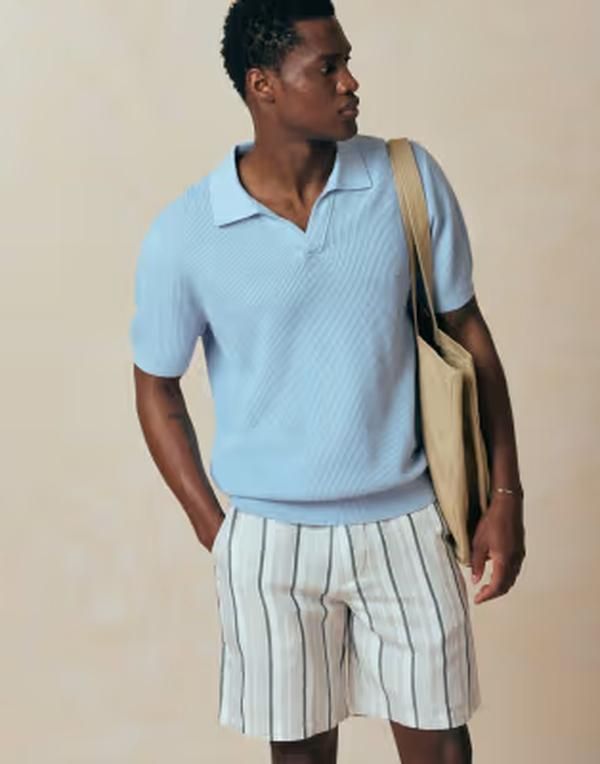 マンゴ メンズ トップス Tシャツ セーター コットン ニット Mango 100 cotton knit camp collar short sleeve sweater in light BLUE 16,546円
