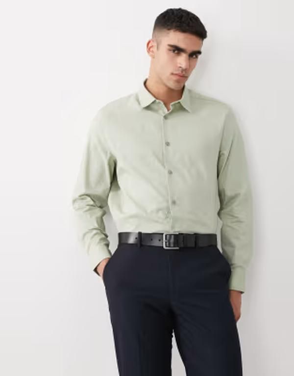 エイソス メンズ トップス シャツ レギュラーフィット リネン ASOS DESIGN regular fit smart linen blend shirt in sage セージ