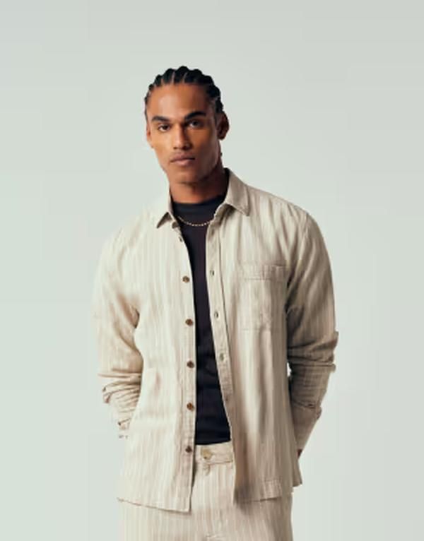 エイソス メンズ トップス シャツ レギュラーフィット リネン ASOS DESIGN regular fit linen blend striped shirt part of a set BEIG