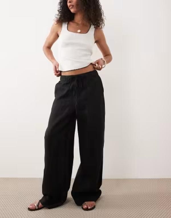 マンゴ レディース ボトムス カジュアルパンツ ストレート リネン Mango 100 linen button detail straight leg pants Black ブラック
