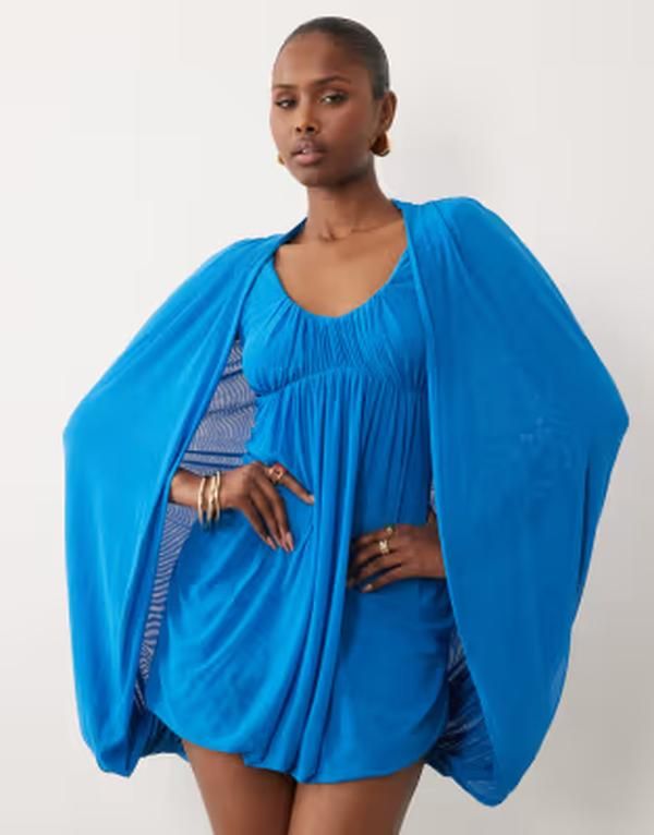 エイソス レディース トップス ワンピース ケープデザイン ミニ メッシュ キャップ ケープ ASOS DESIGN cape detail mesh bubble mini dress Blue ブ