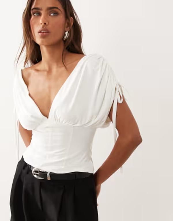 エイソス レディース トップス シャツ Vネック ギャザー ASOS DESIGN slinky deep vneck ruched off the shoulder top White ホワイト