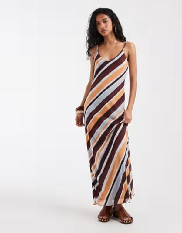 ヴェロモーダ レディース トップス ワンピース メッシュ マキシ Vero Moda mesh cami maxi dress and pastel diagonal stripes Brown St 15,386円