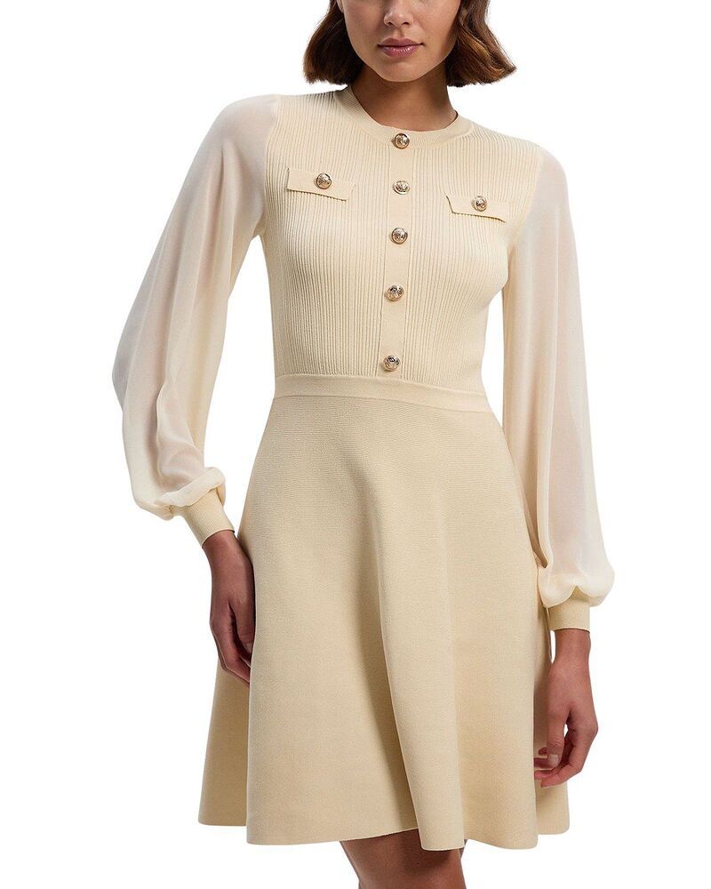 カレンミレン レディース トップス ワンピース シフォン ミニット Karen Millen Chiffon Sleeve Military Mini Knit Dress Cream クリーム