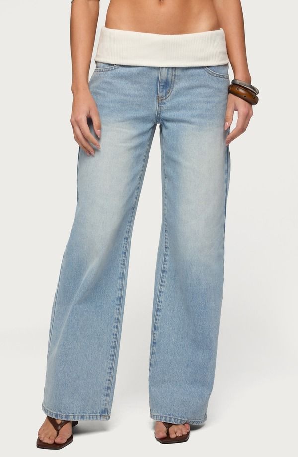 アディクテッド レディース ボトムス デニムパンツ ローライズ ニット ジーンズ EDIKTED Knit Foldover Low Rise Baggy Jeans LightBlue ブルー