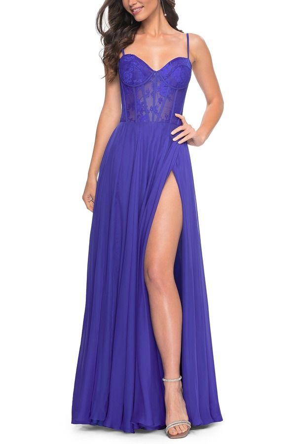 ラフェム レディース トップス ワンピース シフォン レース La Femme Chiffon and Lace Gown with Bustier Top Royal Blue ブルー