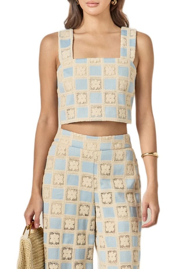 イングリッシュファクトリー レディース トップス シャツ English Factory Crochet Inset Crop Topowder Blue ブルー