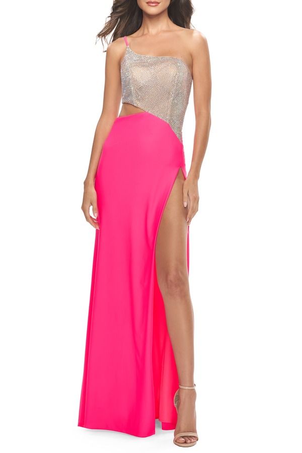 ラフェム レディース トップス ワンピース カットアウト La Femme One Shoulder Dress with Side Cut Out and Rhinestone Bodice Neo