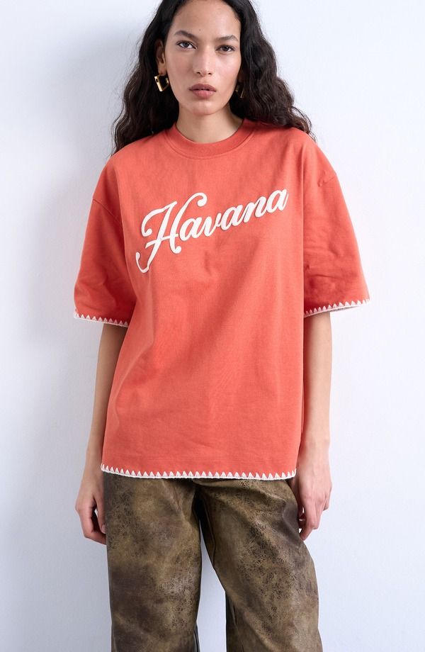 トップショップ レディース トップス Tシャツ グラフィック Topshop Oversized Havana Graphic Whipstitch Trim TShirt Orange オレンジ