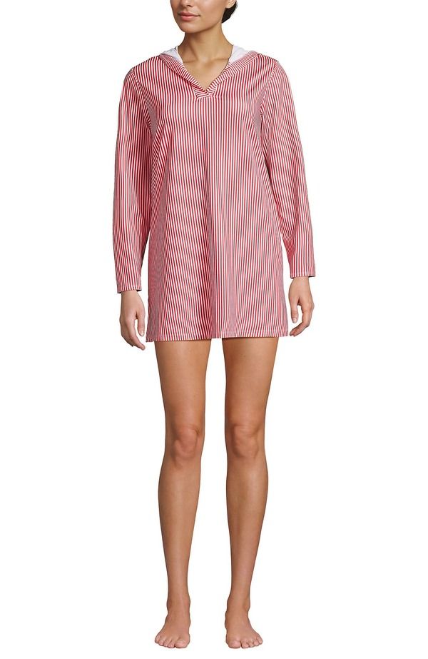 ランズエンド レディース トップス ワンピース コットン ジャージー Lands End Cotton Jersey Long Sleeve Hooded Swim Coverup Dress Woo