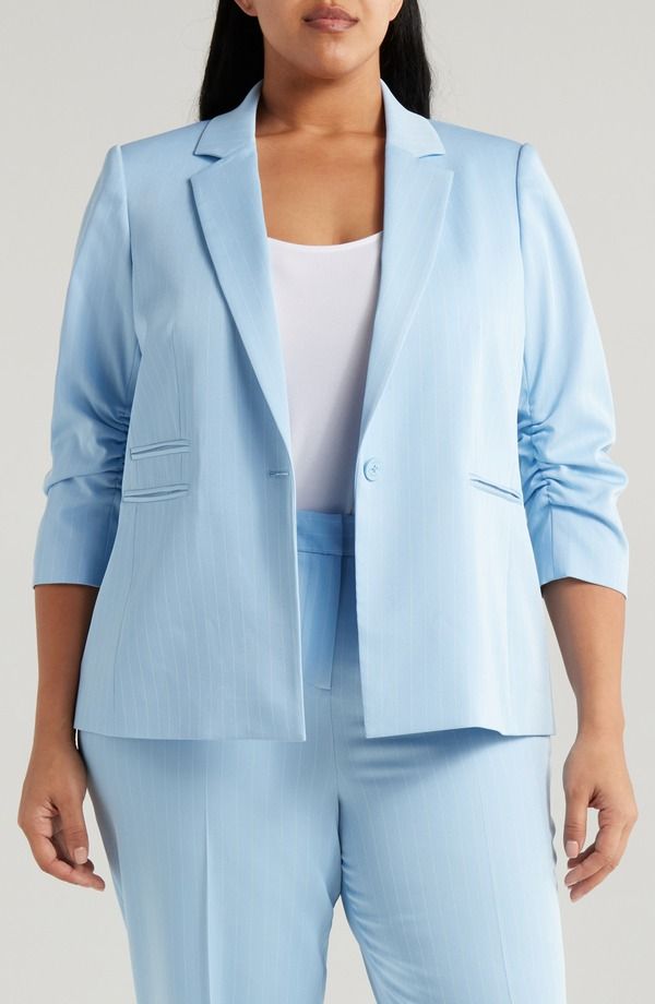 タハリエーエスエル レディース アウター ジャケット・ブルゾン ギャザー ブレザー Tahari ASL Pinstripe Ruched Sleeve Blazer Ice Blue ブルー