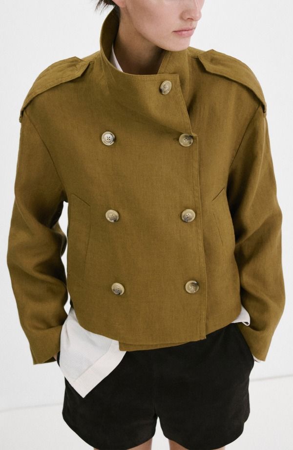 マンゴ レディース アウター ジャケット・ブルゾン スタンドネック リネン MANGO Funnel Neck Linen Jacket Olive Green グリーン