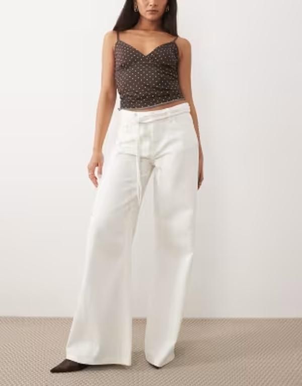 ジーナトリコ レディース ボトムス デニムパンツ ワイドレッグ タイディテール ジーンズ Gina Tricotie detail wide leg jeans Off white オフホワイト