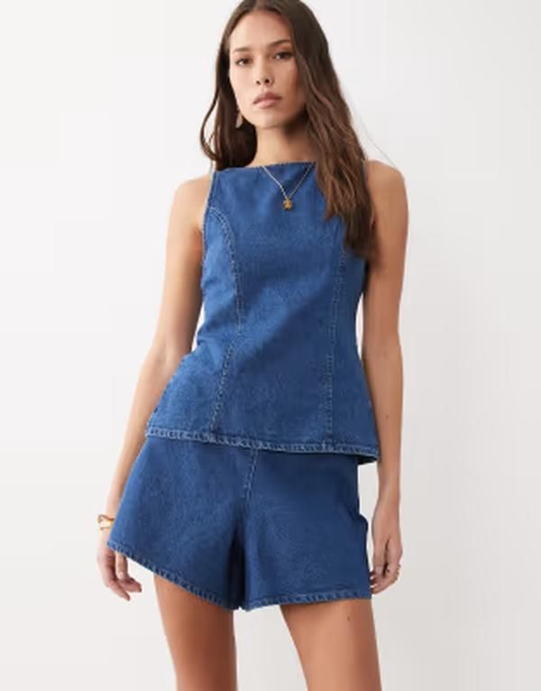 エイソス レディース ボトムス ハーフパンツ・ショーツ A ライン ショートパンツ デニム ASOS DESIGN denim clean aline shorts in mid blue part