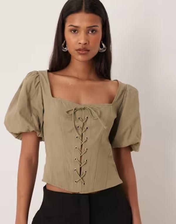 ジーナトリコ レディース トップス シャツ コットン Gina Tricot pure cotton milkmaid corsetop in olive green グリーン