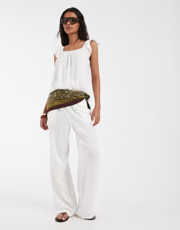 ピーシーズ レディース ボトムス カジュアルパンツ ワイドレッグ リネン Pieces tie waist wide leg linen blend pants part of a set Brigh