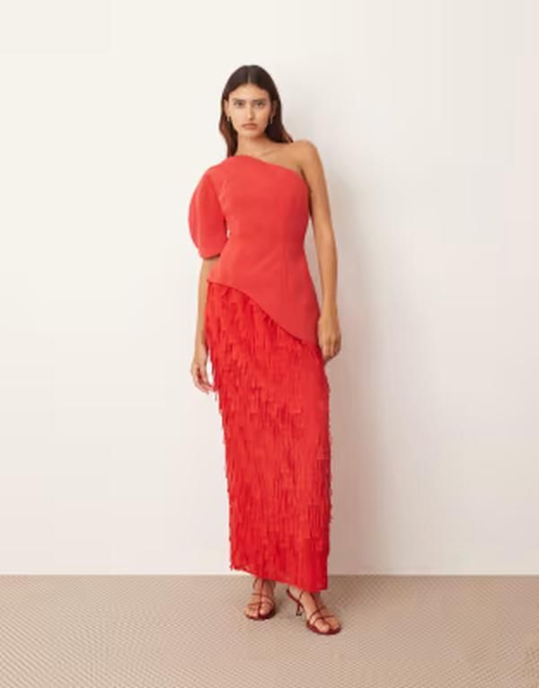 アレンジ レディース トップス ワンピース マキシ ARRANGE sculptural one shoulder textu red hybrid maxi dress Red レッド