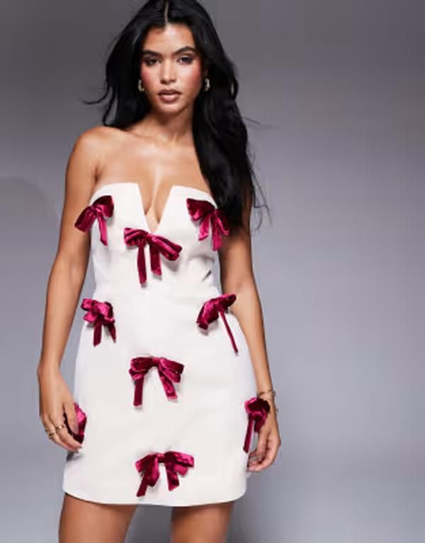 エイソス レディース トップス ワンピース ミニ ベルベット ASOS LUXE bandeau mini dress with Burgundy velvet bows in cream STONE