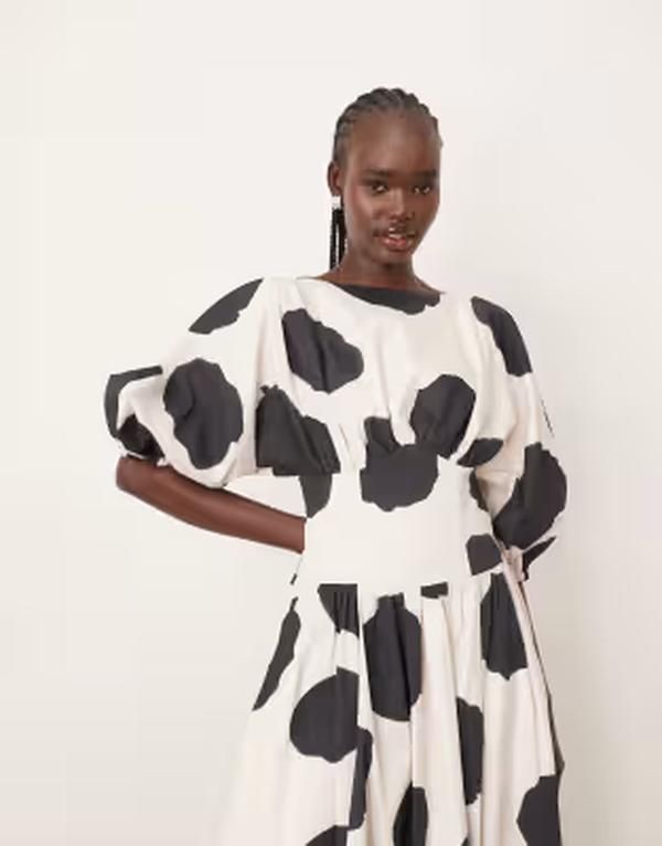 アレンジ レディース トップス ワンピース ウエストマーク バルーンスリーブ ミディ コットン ARRANGE cotton cinched waist midi dress with balloon